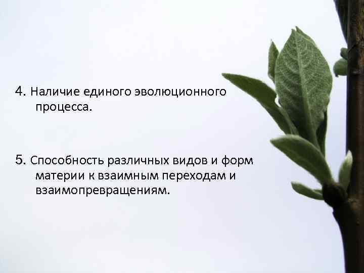 4. Наличие единого эволюционного процесса. 5. Способность различных видов и форм материи к взаимным