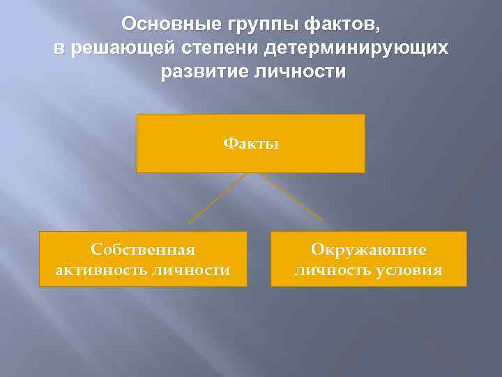 Основные группы фактов, в решающей степени детерминирующих развитие личности Факты Собственная активность личности Окружающие