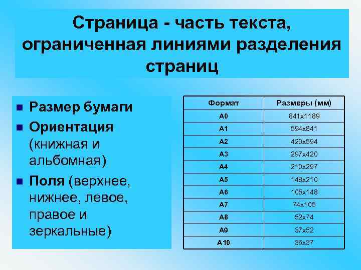 Страница - часть текста, ограниченная линиями разделения страниц n n n Размер бумаги Ориентация