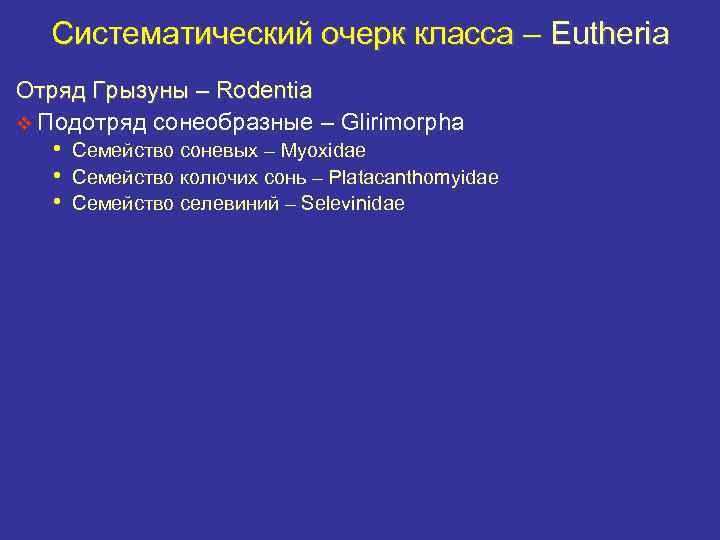 Систематический очерк класса – Eutheria Отряд Грызуны – Rodentia v Подотряд сонеобразные – Glirimorpha