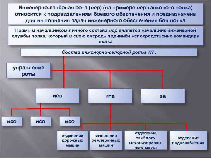 Инженерно-сапёрная рота (иср) (на примере иср танкового полка) относится к подразделениям боевого обеспечения и