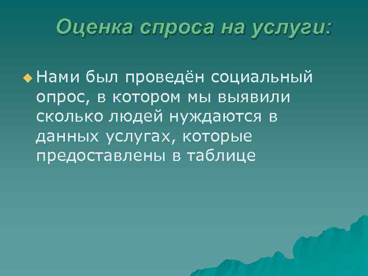 Оценка спроса на услуги: u Нами был проведён социальный опрос, в котором мы выявили