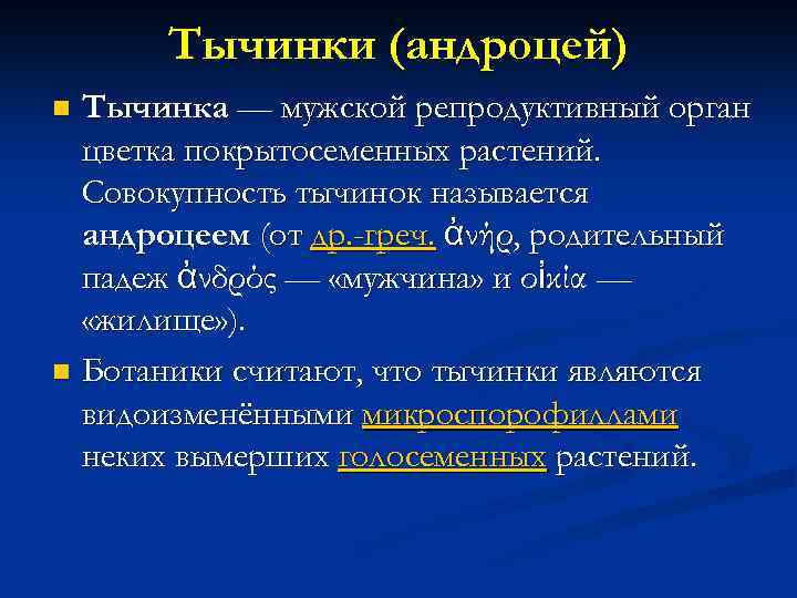 Тычинки (андроцей) Тычинка — мужской репродуктивный орган цветка покрытосеменных растений. Совокупность тычинок называется андроцеем