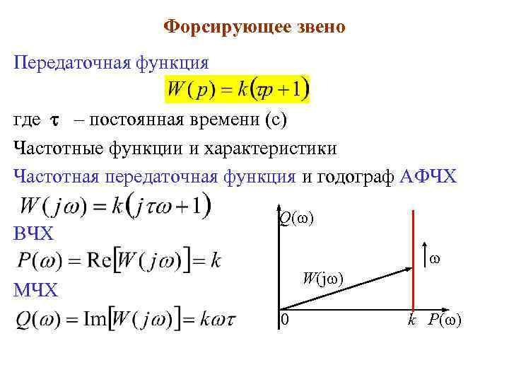Форсирующее звено Передаточная функция где – постоянная времени (с) Частотные функции и характеристики Частотная
