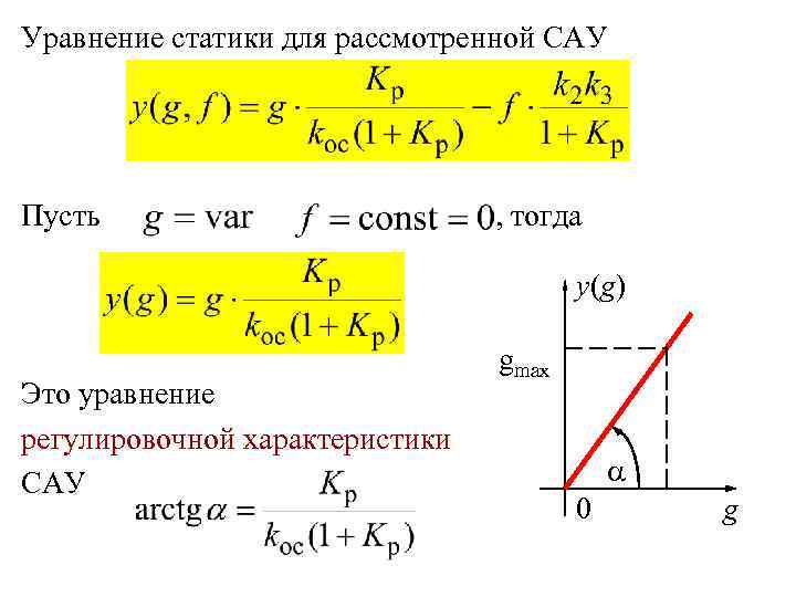 Уравнение статики для рассмотренной САУ Пусть , тогда y(g) Это уравнение регулировочной характеристики САУ