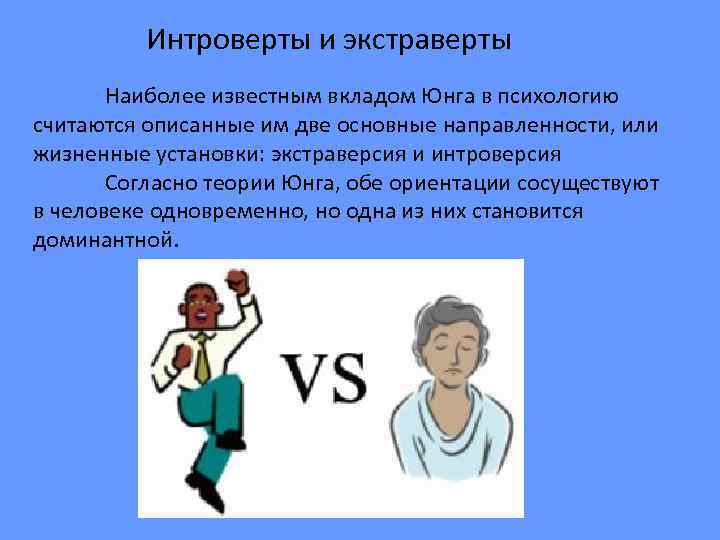 Интроверты и экстраверты Наиболее известным вкладом Юнга в психологию считаются описанные им две основные