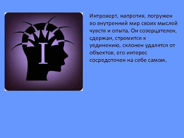 Интроверт, напротив, погружен во внутренний мир своих мыслей чувств и опыта. Он созерцателен, сдержан,