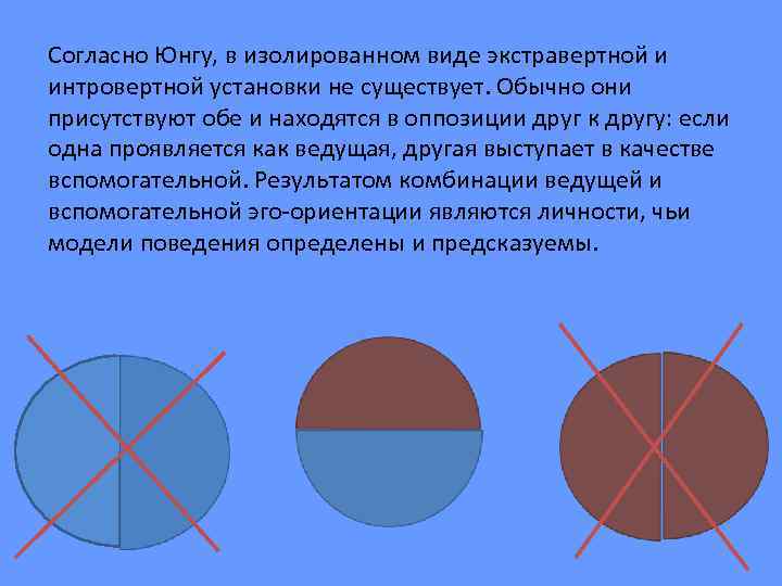 Согласно Юнгу, в изолированном виде экстравертной и интровертной установки не существует. Обычно они присутствуют