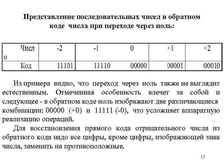 Представление последовательных чисел в обратном коде числа при переходе через ноль: Из примера видно,