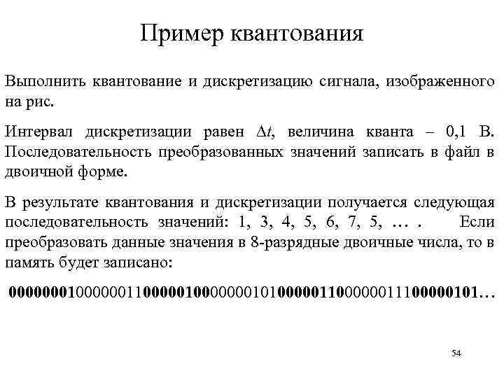 Пример квантования Выполнить квантование и дискретизацию сигнала, изображенного на рис. Интервал дискретизации равен t,