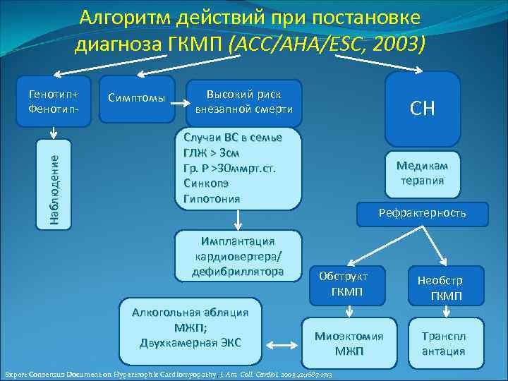 Алгоритм действий при постановке диагноза ГКМП (ACC/AHA/ESC, 2003) Наблюдение Генотип+ Фенотип- Симптомы Высокий риск