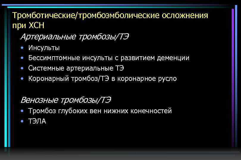 Тромботические/тромбоэмболические осложнения при ХСН Артериальные тромбозы/ТЭ • • Инсульты Бессимптомные инсульты с развитием деменции