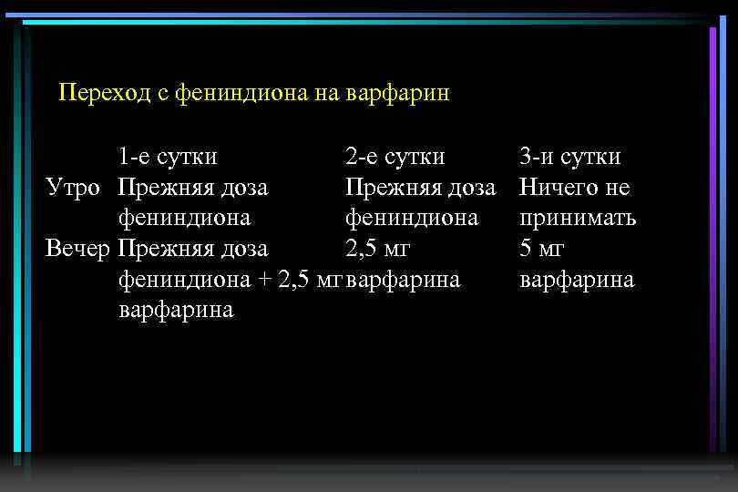 Переход с фениндиона на варфарин 1 е сутки 2 е сутки Утро Прежняя доза