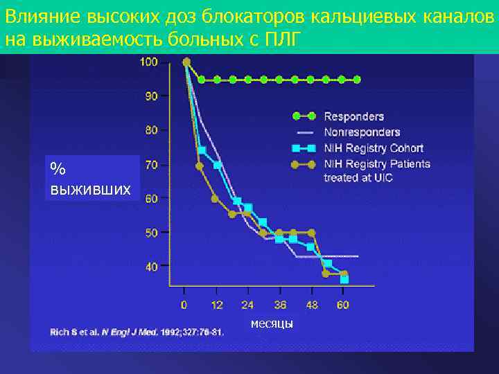 Влияние высоких доз блокаторов кальциевых каналов на выживаемость больных с ПЛГ % выживших месяцы