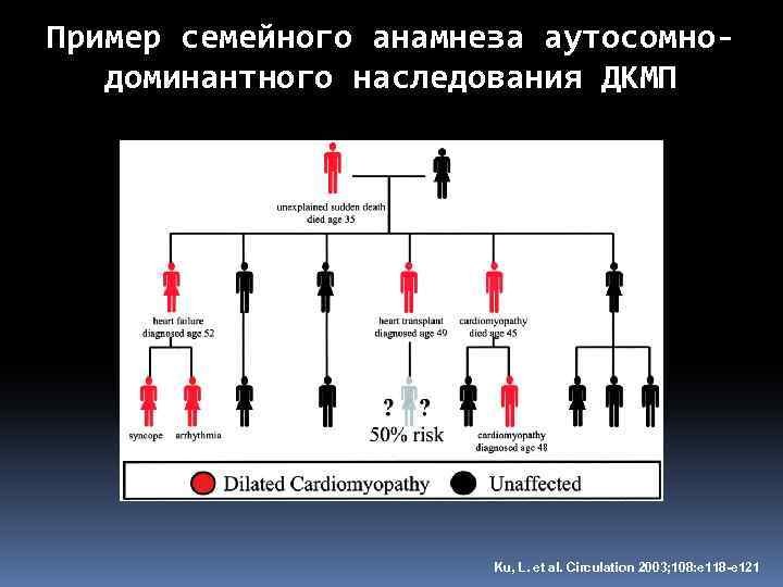 Пример семейного анамнеза аутосомнодоминантного наследования ДКМП Ku, L. et al. Circulation 2003; 108: e