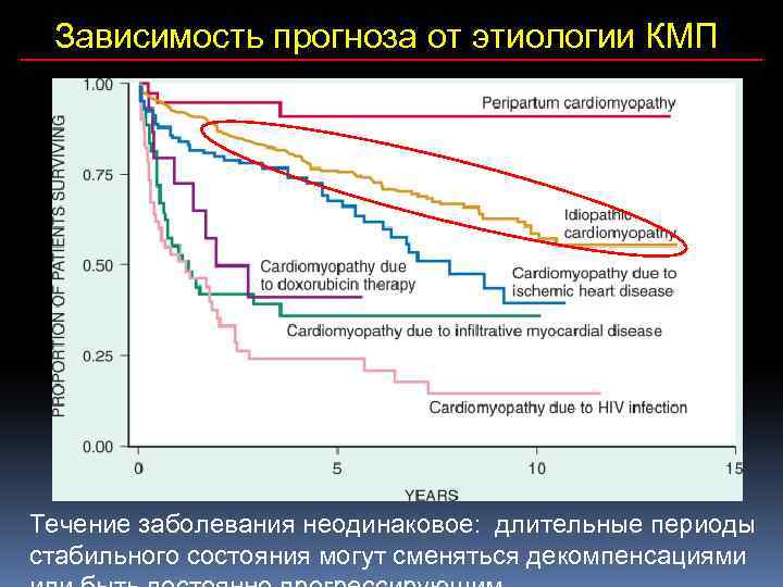 Зависимость прогноза от этиологии КМП Течение заболевания неодинаковое: длительные периоды стабильного состояния могут сменяться