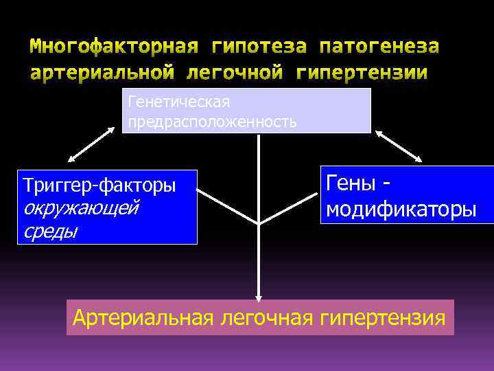 Генетическая предрасположенность Триггер-факторы окружающей среды Гены модификаторы Артериальная легочная гипертензия 