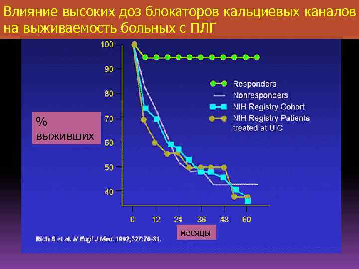 Влияние высоких доз блокаторов кальциевых каналов на выживаемость больных с ПЛГ % выживших месяцы
