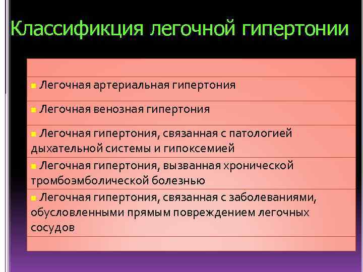 Классификция легочной гипертонии n Легочная артериальная гипертония n Легочная венозная гипертония Легочная гипертония, связанная