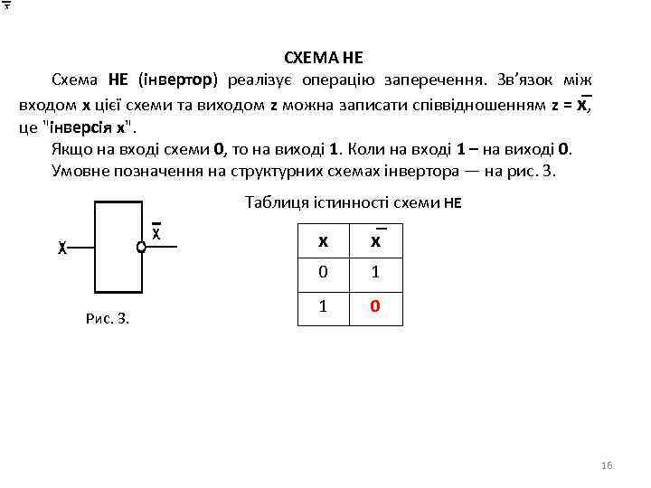 СХЕМА НЕ Схема НЕ (інвертор) реалізує операцію заперечення. Зв’язок між входом x цієї схеми