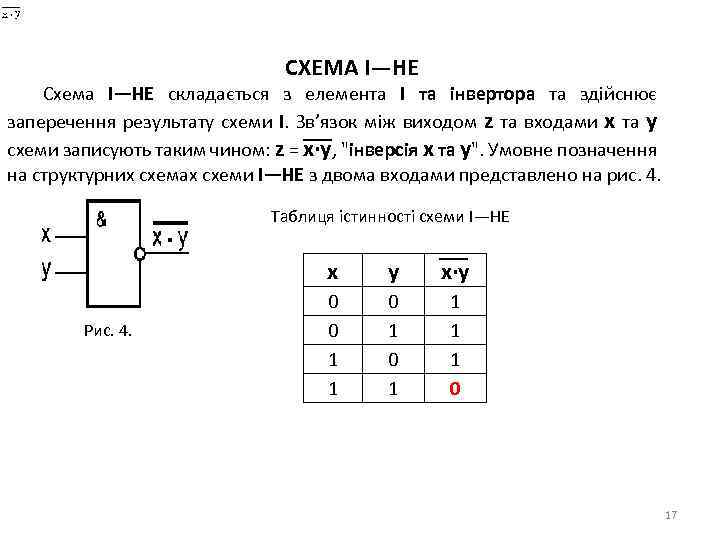 СХЕМА І—НЕ Схема І—НЕ складається з елемента І та інвертора та здійснює заперечення результату