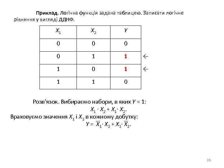 Приклад. Логічна функція задана таблицею. Записати логічне рівняння у вигляді ДДНФ. X 1 X