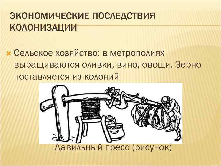 ЭКОНОМИЧЕСКИЕ ПОСЛЕДСТВИЯ КОЛОНИЗАЦИИ Сельское хозяйство: в метрополиях выращиваются оливки, вино, овощи. Зерно поставляется из