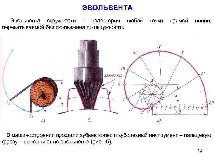 ЭВОЛЬВЕНТА Эвольвента окружности – траектория любой перекатываемой без скольжения по окружности. точки прямой линии,