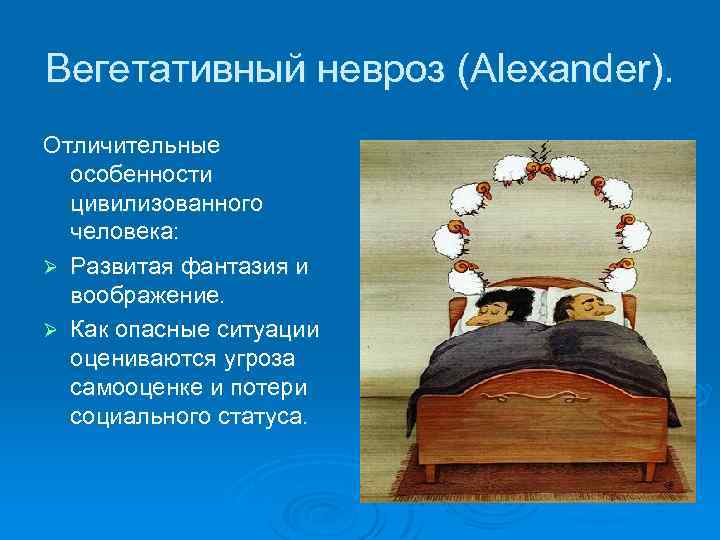 Вегетативный невроз (Alexander). Отличительные особенности цивилизованного человека: Ø Развитая фантазия и воображение. Ø Как