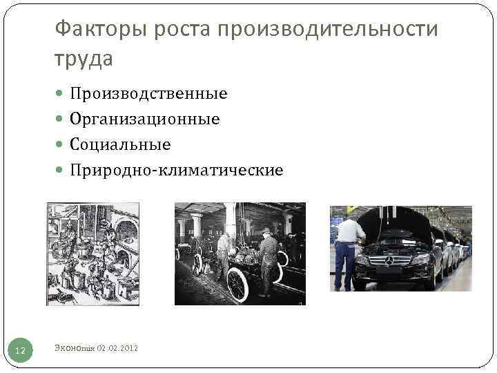 Факторы роста производительности труда Производственные Организационные Социальные Природно-климатические 12 Эконоmix 02. 2012 