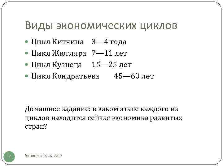 Виды экономических циклов Цикл Китчина 3— 4 года Цикл Жюгляра 7— 11 лет Цикл