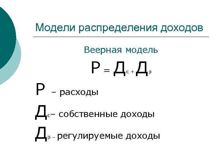 Модели распределения доходов Веерная модель Р=Д Д с+ р Р – расходы Д –