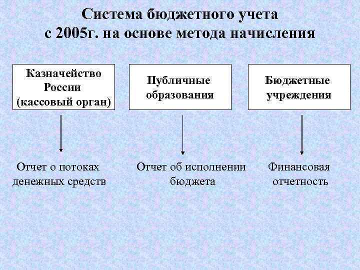 Система бюджетного учета с 2005 г. на основе метода начисления Казначейство России (кассовый орган)