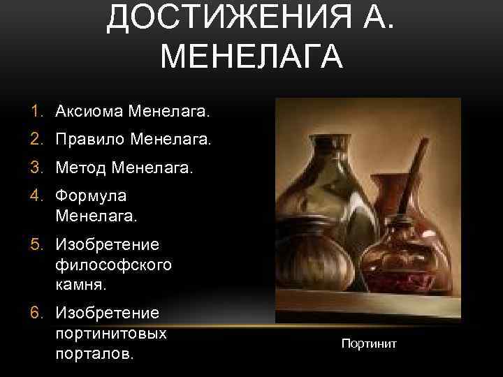 ДОСТИЖЕНИЯ А. МЕНЕЛАГА 1. Аксиома Менелага. 2. Правило Менелага. 3. Метод Менелага. 4. Формула