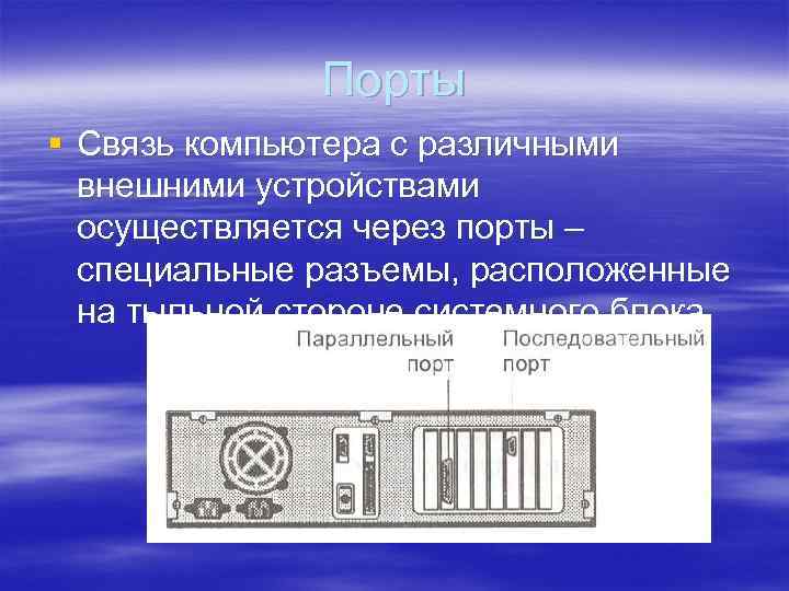 Порты § Связь компьютера с различными внешними устройствами осуществляется через порты – специальные разъемы,
