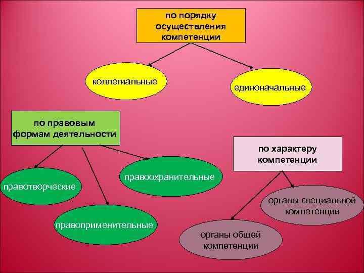 по порядку осуществления компетенции коллегиальные единоначальные по правовым формам деятельности по характеру компетенции правотворческие