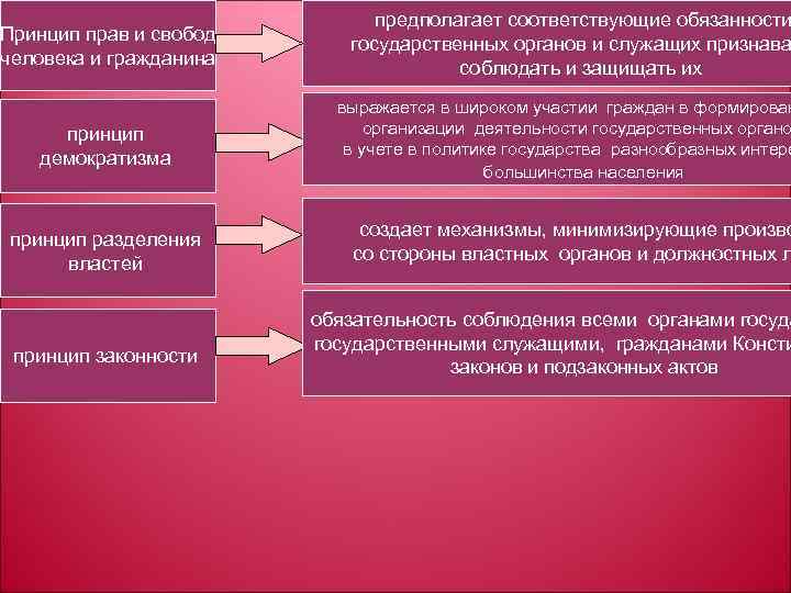 Принцип прав и свобод человека и гражданина предполагает соответствующие обязанности государственных органов и служащих