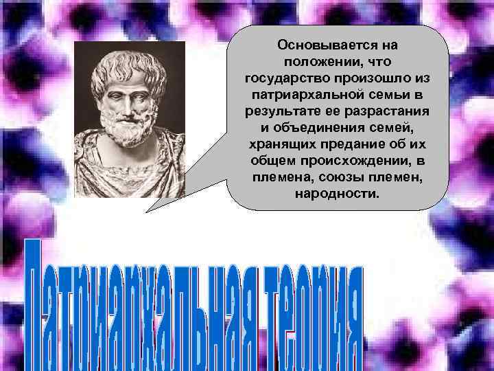 Основывается на положении, что государство произошло из патриархальной семьи в результате ее разрастания и