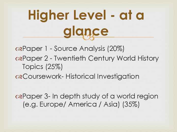 Higher Level - at a glance Paper 1 - Source Analysis (20%) Paper 2
