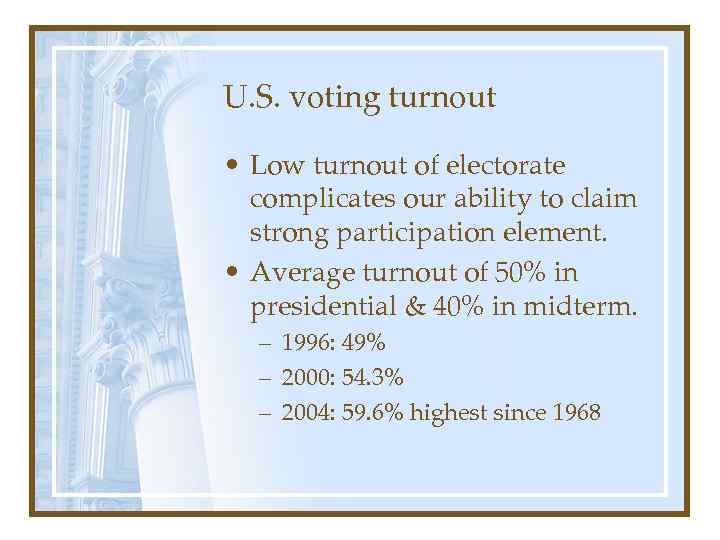 U. S. voting turnout • Low turnout of electorate complicates our ability to claim
