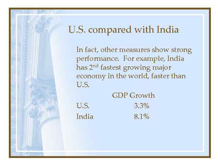 U. S. compared with India In fact, other measures show strong performance. For example,