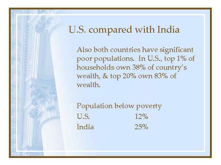 U. S. compared with India Also both countries have significant poor populations. In U.