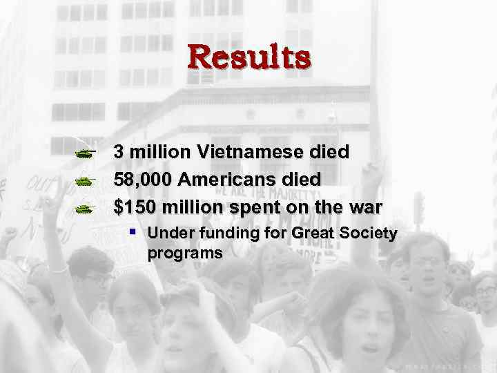 Results 3 million Vietnamese died 58, 000 Americans died $150 million spent on the