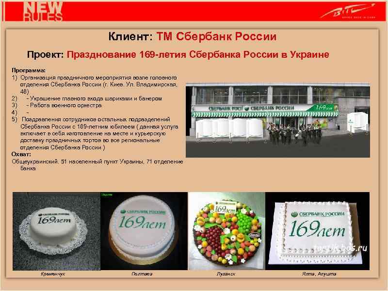 Клиент: ТМ Сбербанк России Проект: Празднование 169 -летия Сбербанка России в Украине Программа: 1)
