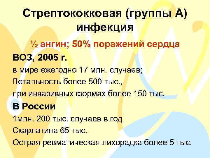 Стрептококковая (группы А) инфекция ½ ангин; 50% поражений сердца ВОЗ, 2005 г. в мире