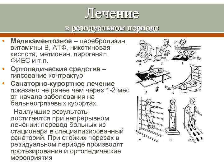 Лечение в резидуальном периоде • Медикаментозное – церебролизин, витамины В, АТФ, никотиновая кислота, метионин,