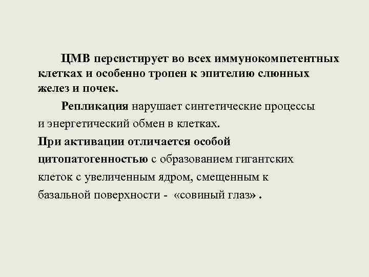 ЦМВ персистирует во всех иммунокомпетентных клетках и особенно тропен к эпителию слюнных желез и
