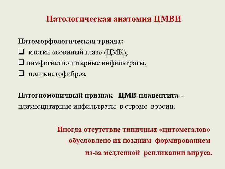 Патологическая анатомия ЦМВИ Патоморфологическая триада: q клетки «совиный глаз» (ЦМК), q лимфогистиоцитарные инфильтраты, q
