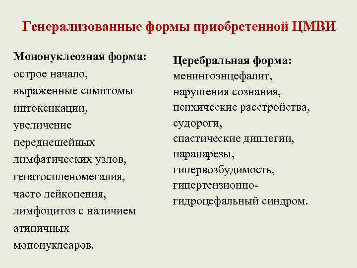 Генерализованные формы приобретенной ЦМВИ Мононуклеозная форма: острое начало, выраженные симптомы интоксикации, увеличение переднешейных лимфатических