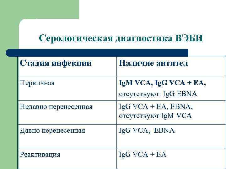 Серологическая диагностика ВЭБИ Стадия инфекции Наличие антител Первичная Ig. M VCA, Ig. G VCA